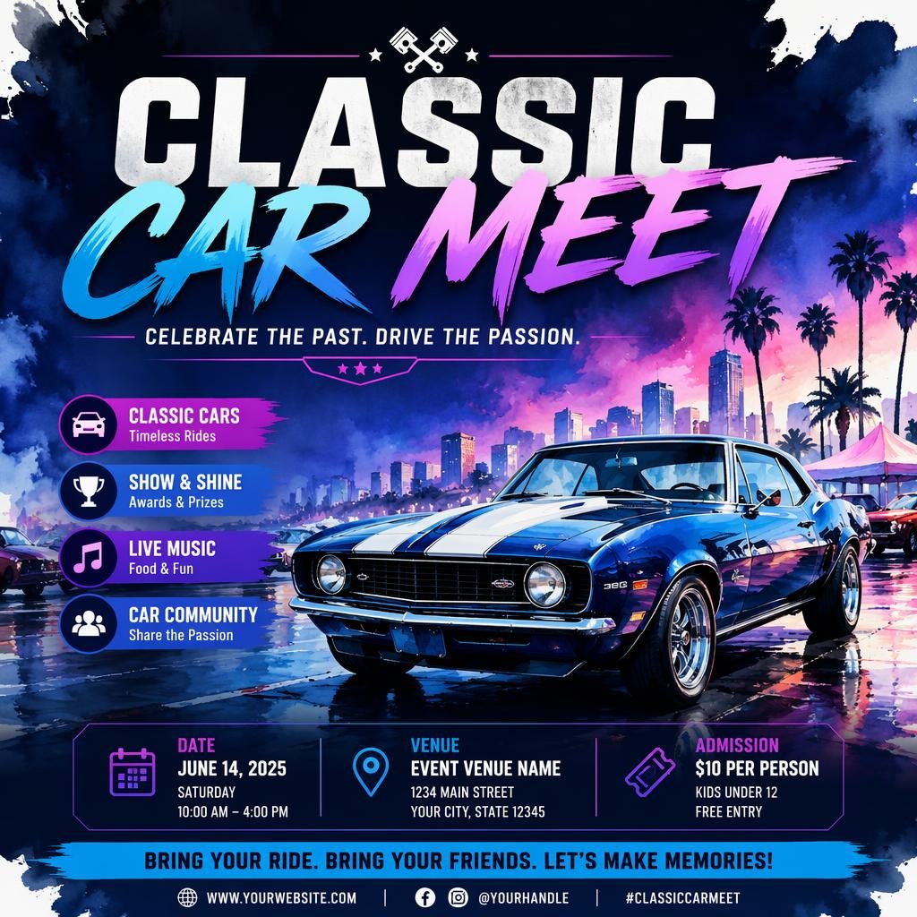 Watercolor event poster for a classic car meet with cool neon tones, formal layout, and sharp English placeholder text.