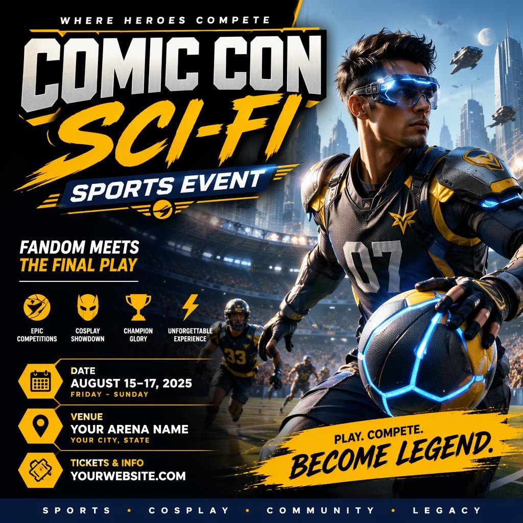 Photographic sci-fi comic con sports event poster with bold overlay, high-contrast colors, and sharp English placeholder text
