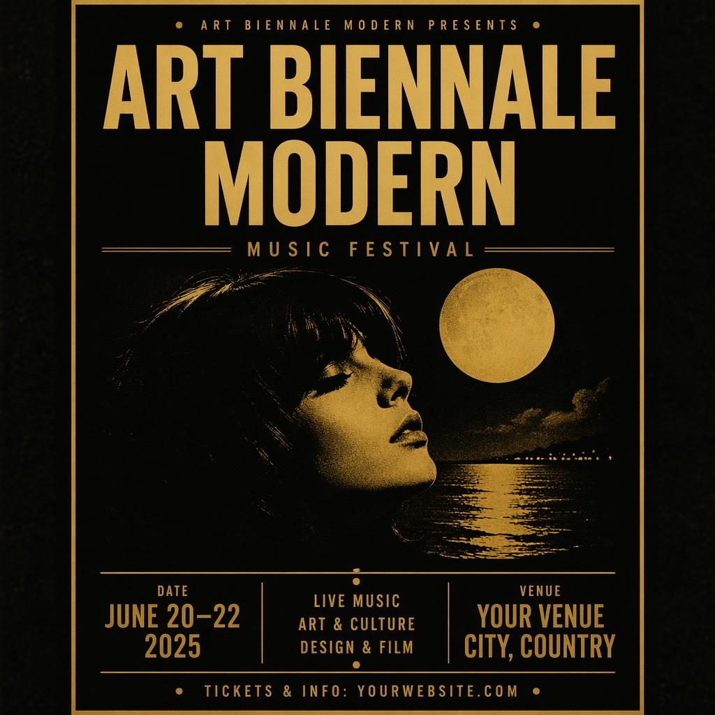 Vintage 1960s-style music festival poster in black and gold with a dreamy romantic mood and clean English placeholder text.