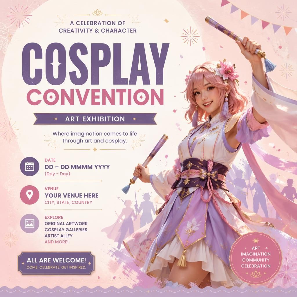 Modern editorial cosplay convention poster with pastel palette, joyful exhibition vibe, and sharp English placeholder text