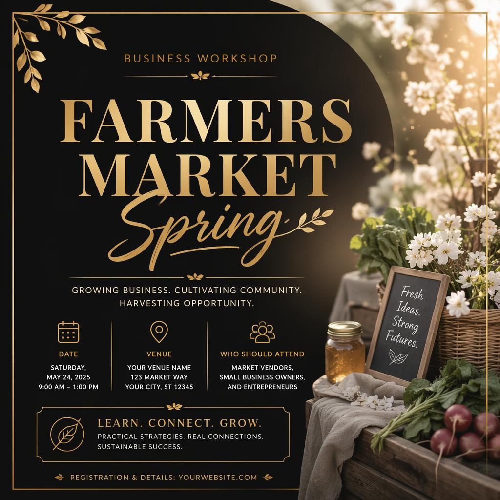 Modern editorial event poster for Farmers Market Spring with black and gold palette, dreamy floral accents, and clean text placeholders.