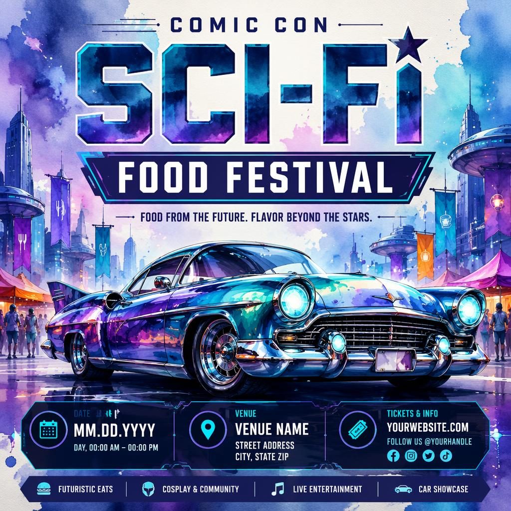 Watercolor sci-fi event poster with neon cool tones, festive food festival theme, and sharp English placeholder text.
