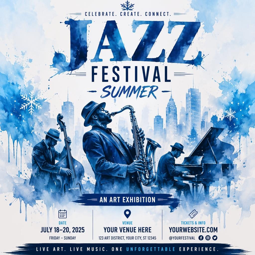 Watercolor event poster with winter ice palette, festive jazz festival theme, clean date and venue placeholders, print-ready layout.