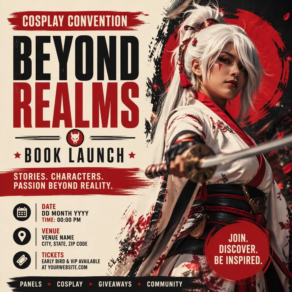 Photographic event poster for a cosplay convention book launch in vintage cream and red, with bold overlay text placeholders.
