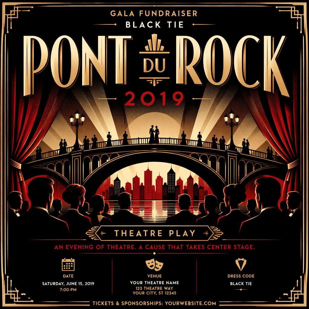 Affiche d’événement gala black tie pour une pièce de théâtre, style art déco luxueux, palette contrastée, texte fictif net.