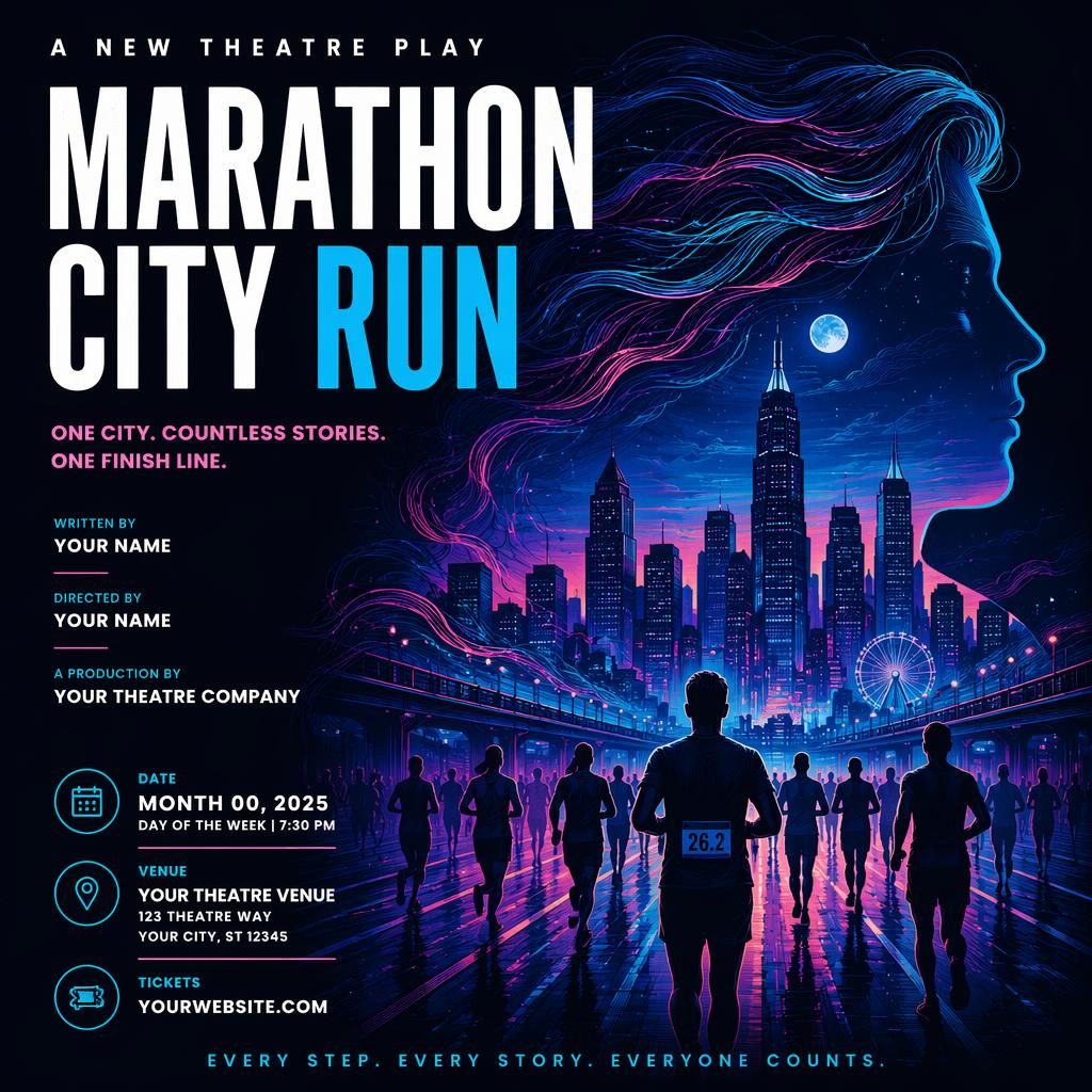 Modern editorial event poster for Marathon City Run with cool neon colors, clean date and venue placeholders, and formal layout.