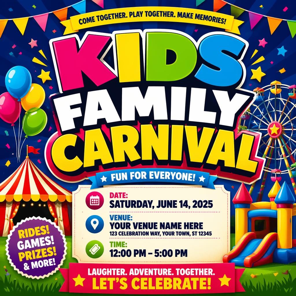 Bold kids family carnival event poster with playful graphics, clean placeholder text for event name, date, and venue.