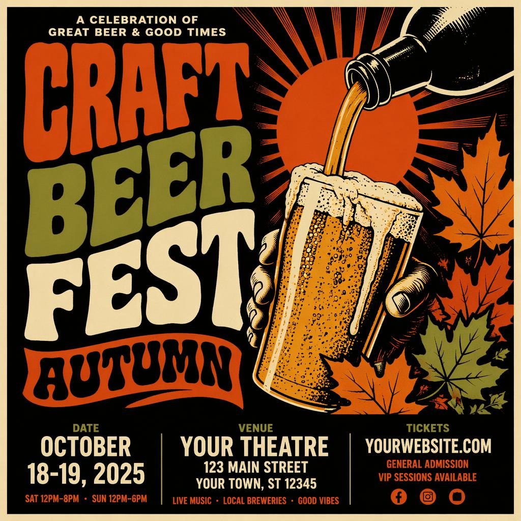 Vintage 1960s-style theatre event poster for an autumn craft beer fest with bold high-contrast colors and clean placeholder text