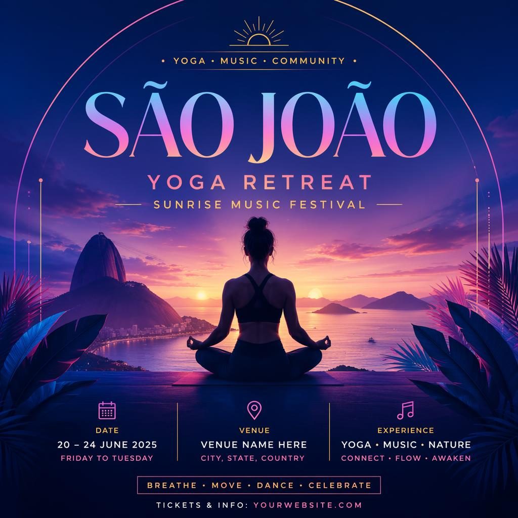 Modern editorial event poster showing a sunrise yoga retreat theme with cool neon colors and clean placeholder text.