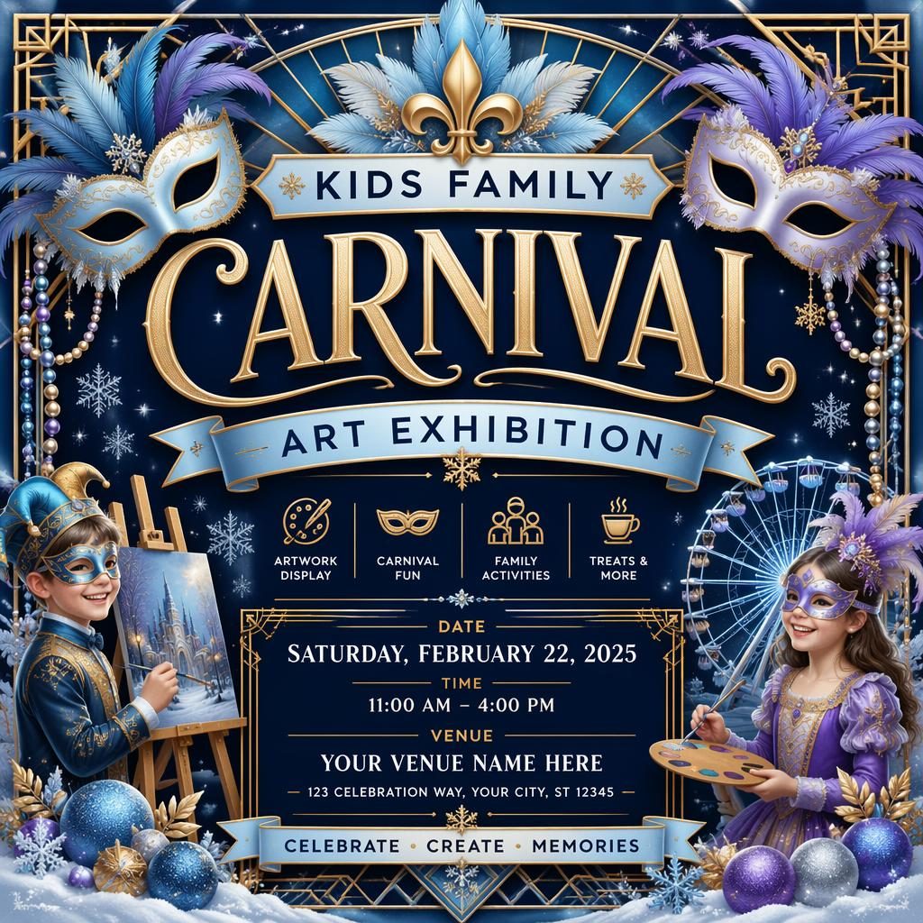 Art deco luxury winter carnival poster for a kids family art exhibition with icy blue palette and sharp event text placeholders.