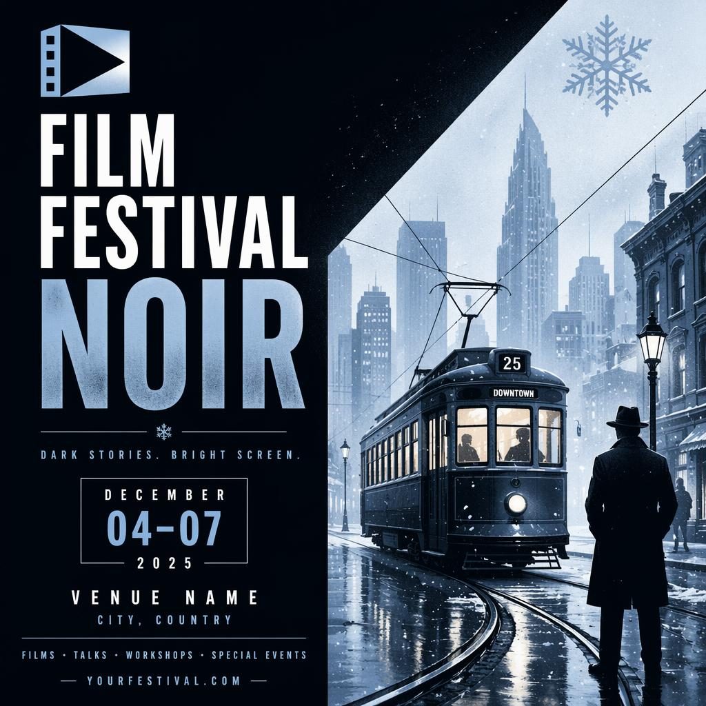 Modern noir concert poster in an icy winter palette with clean English placeholder text for event name, date, and venue.
