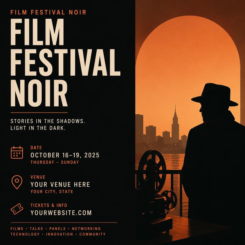 Minimalist Swiss-style noir tech conference poster with warm sunset tones and sharp English placeholder text.