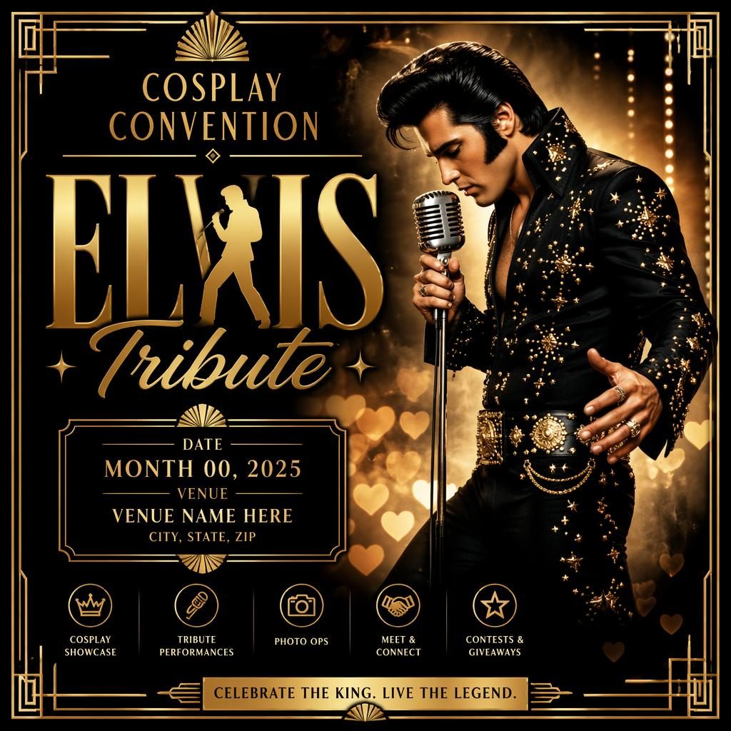 Art deco luxury event poster for a cosplay convention workshop in black and gold with dreamy romantic styling and sharp placeholder text.