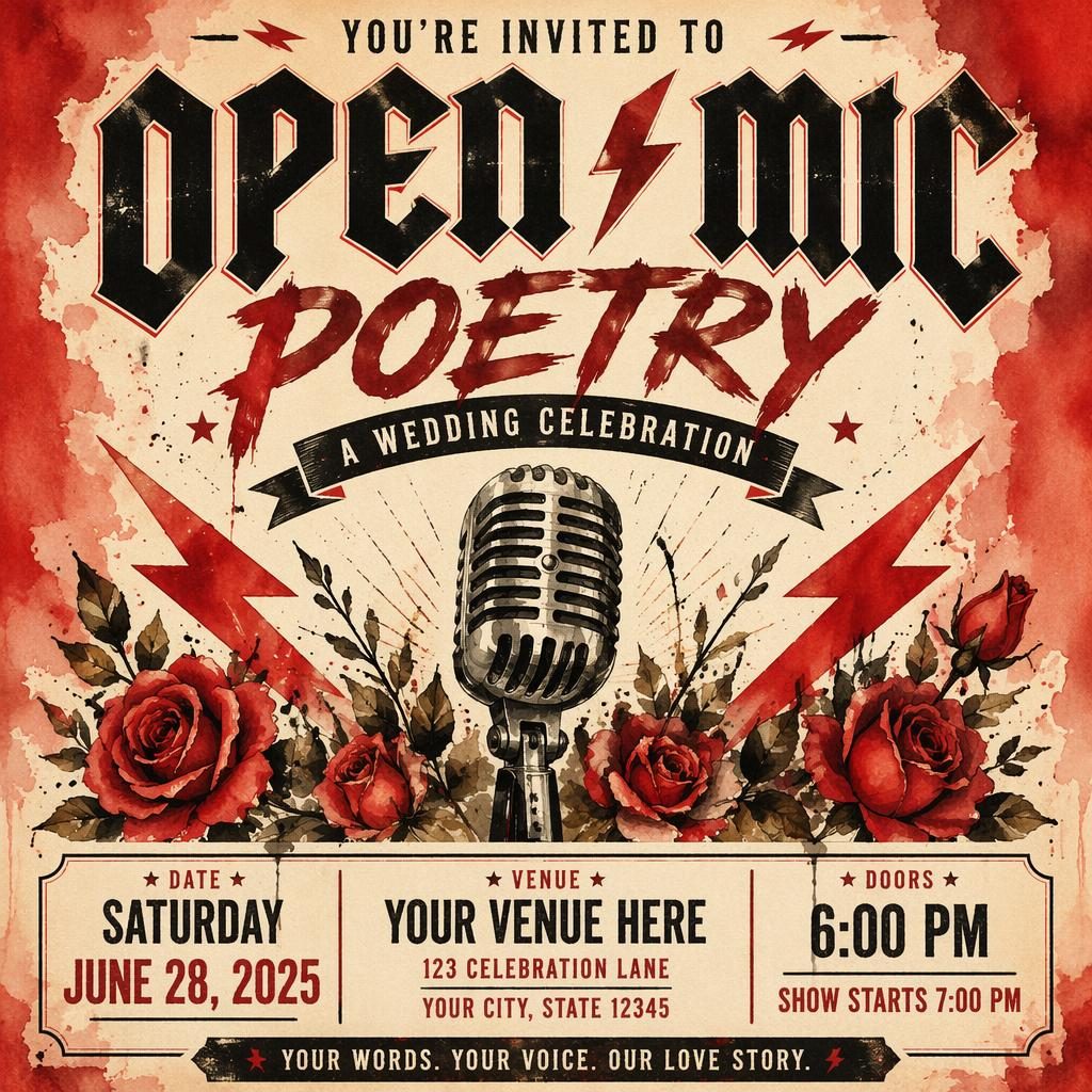 Watercolor wedding event poster for an open mic poetry night in cream and red with bold vintage typography and clean placeholders.
