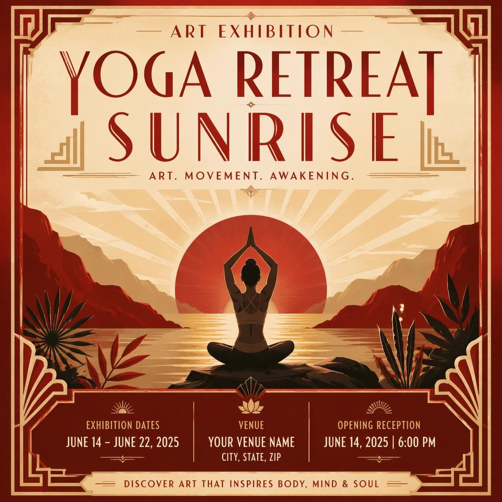 Art deco luxury event poster with a sunrise yoga retreat scene, cream and red palette, and sharp English placeholder text.