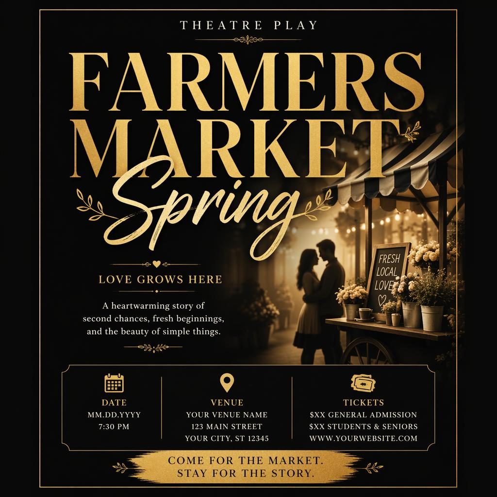 Elegant black and gold theatre event poster for Farmers Market Spring with bold typography and dreamy romantic styling.