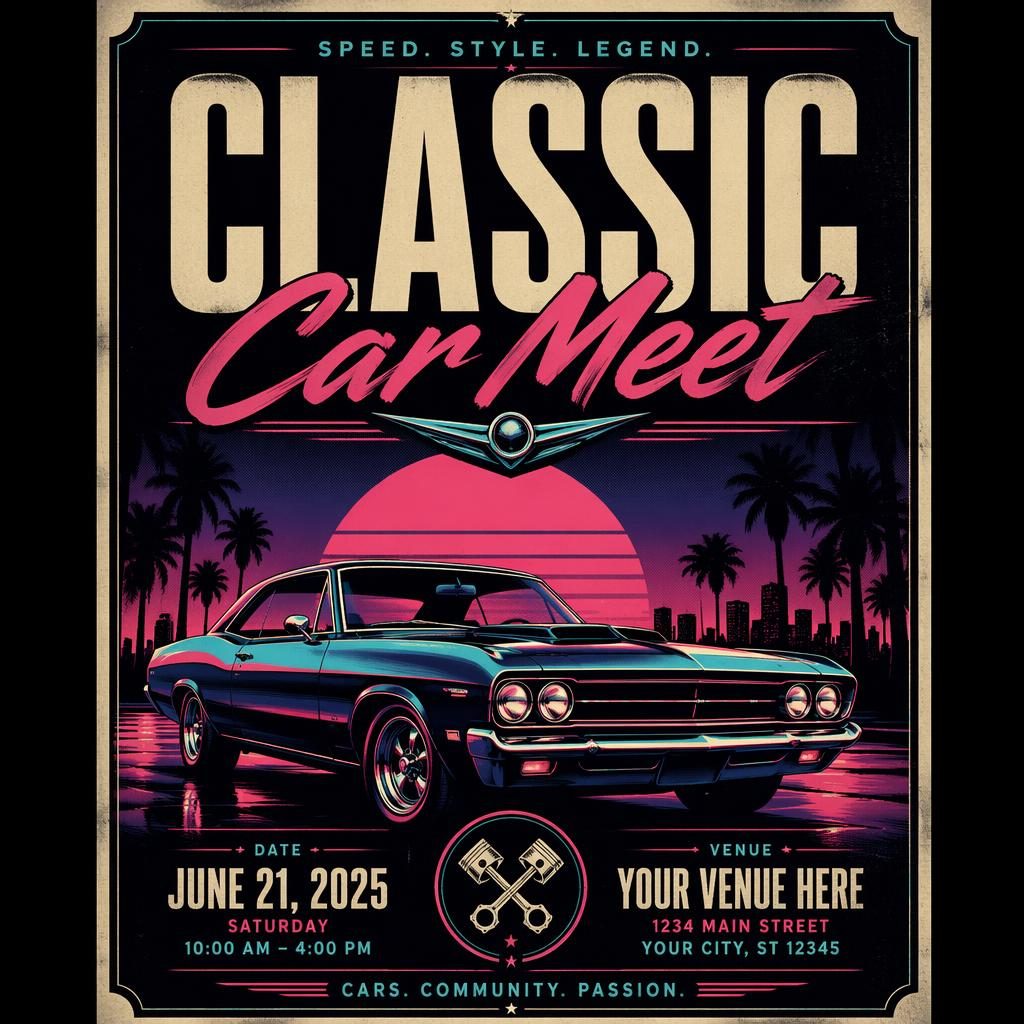 Vintage 1960s-style event poster for a classic car meet with neon colors, formal layout, and sharp date and venue placeholders.
