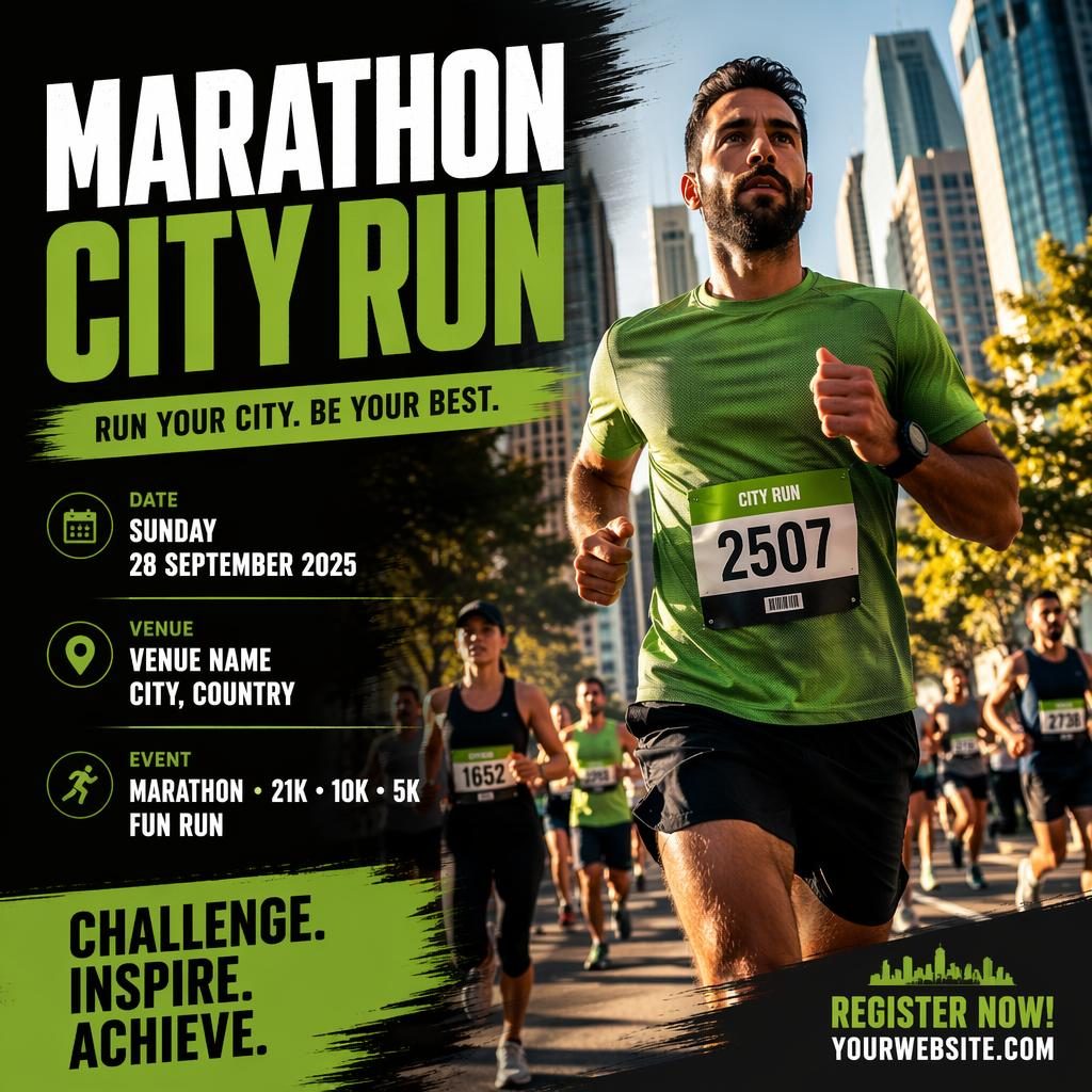 Affiche photo d’un marathon urbain, coureurs en mouvement, palette contrastée et texte de date, lieu et nom lisible.