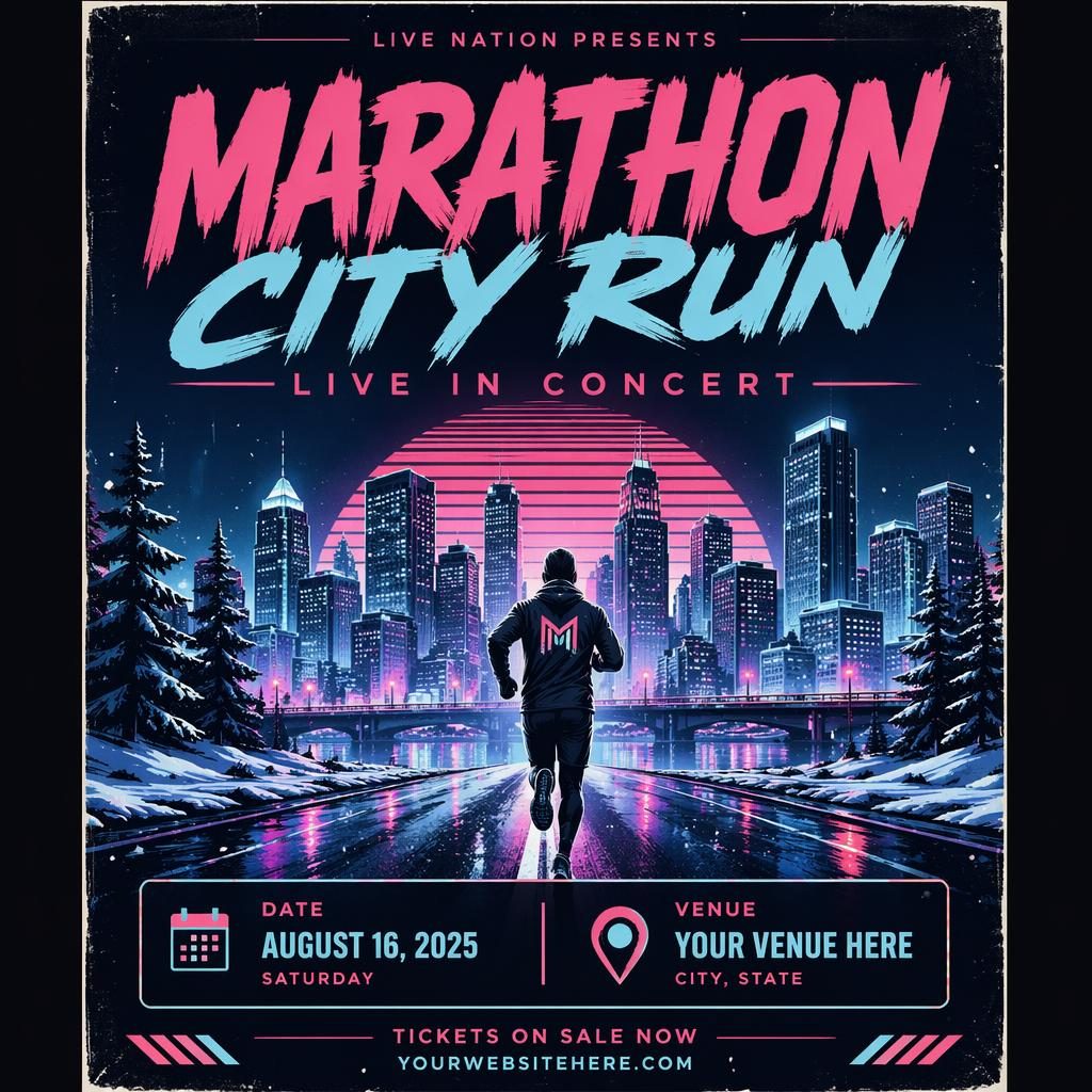 Retro 1980s neon concert poster for Marathon City Run with winter ice colors and clean event date venue placeholders.