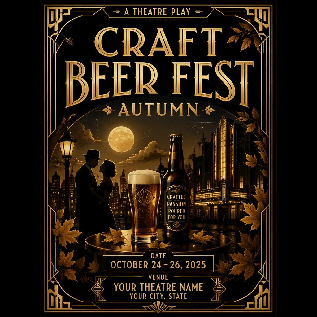 Art deco theatre event poster for a craft beer fest autumn theme in black and gold with elegant readable placeholders.