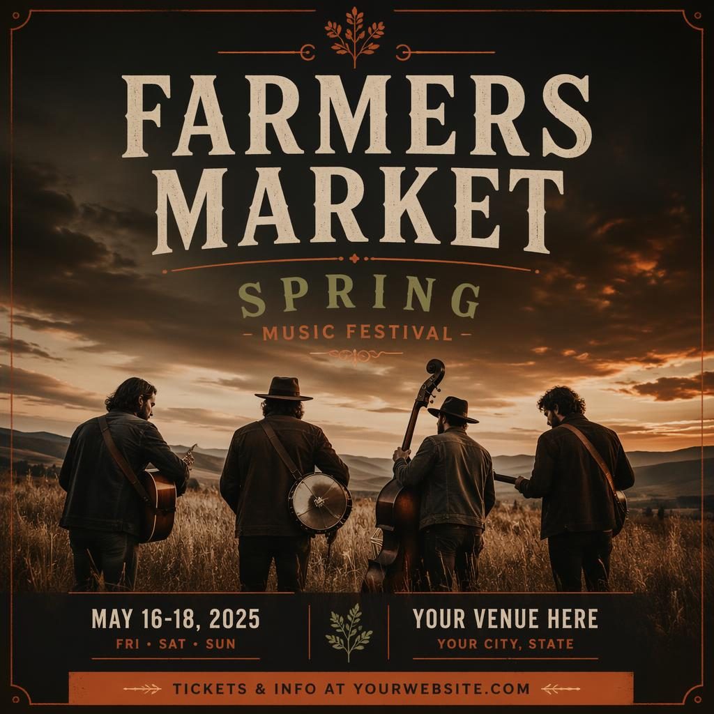 Photographic event poster for a spring farmers market music festival with dark autumn rust tones and clean placeholder text.