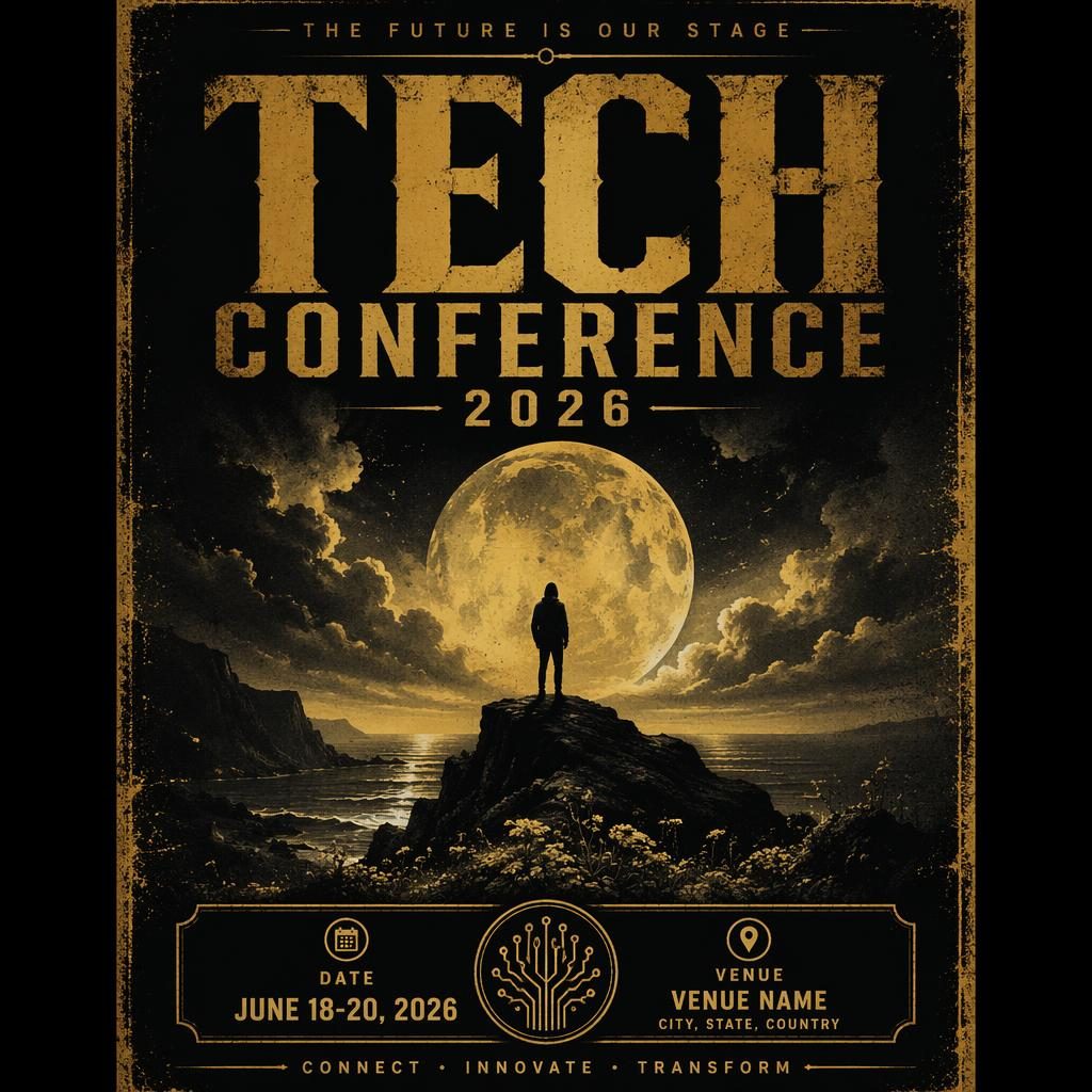 Grunge-style event poster for Tech Conference 2026 with black and gold palette, dreamy mood, and sharp date and venue placeholder text.