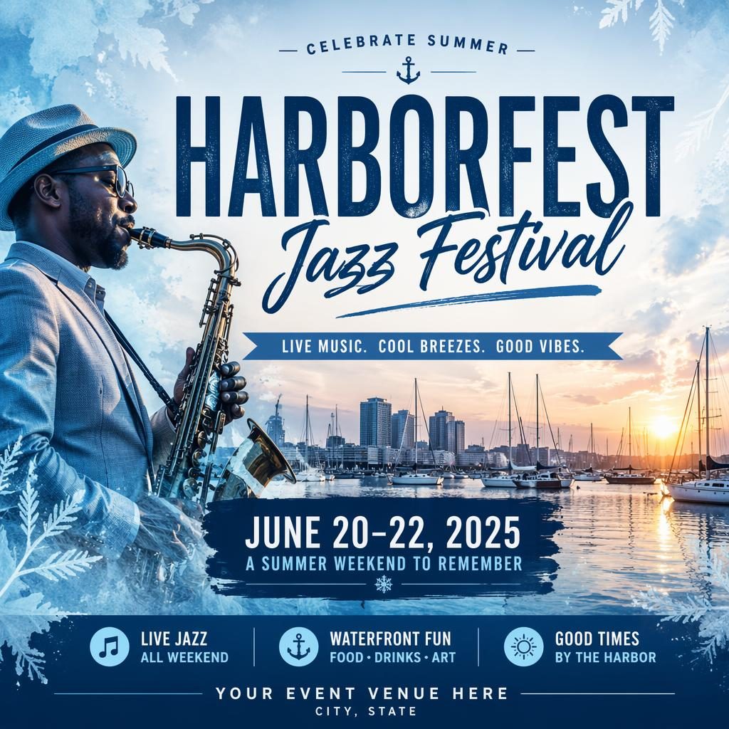 Photographic jazz festival summer event poster with winter ice palette, festive overlay, and clean date and venue placeholder text.