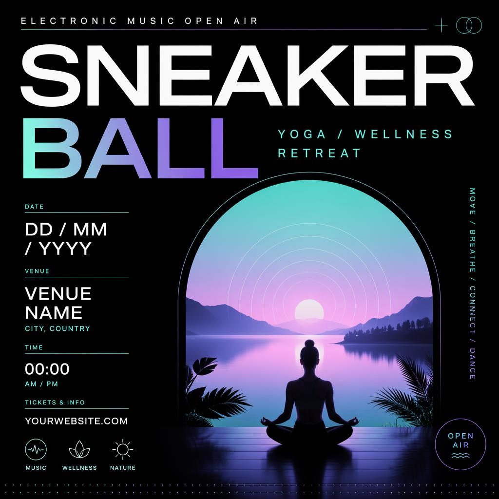 Minimalist Swiss-style event poster for an electronic music open air wellness retreat in a cool neon palette with clean placeholder text.