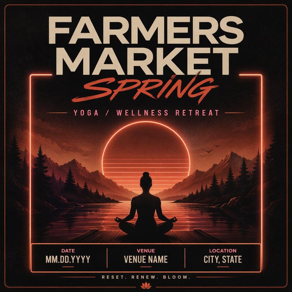 Retro neon event poster for Farmers Market Spring with yoga retreat theme, dark moody autumn rust palette, and clean placeholders.