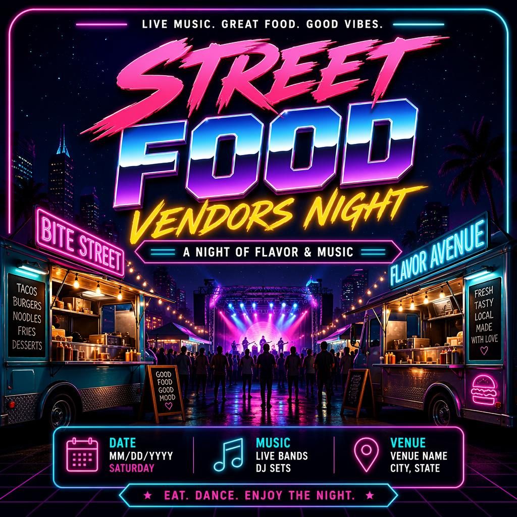 Retro 1980s neon event poster for a street food vendors night music festival with food stalls, clean placeholder text, and cool glow.