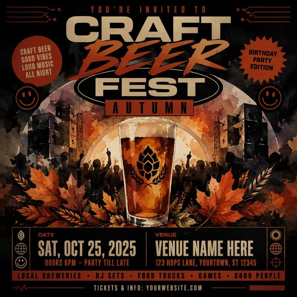 Watercolor event poster for a craft beer fest autumn party with dark festive mood, rust palette, and sharp venue placeholders