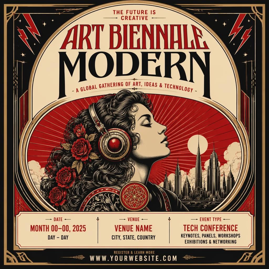 Art deco luxury event poster for a modern tech conference in cream and red, with bold typography and clean placeholder text.