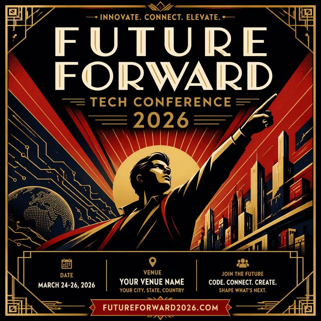 Art deco luxury sports event poster for Tech Conference 2026 with bold high-contrast colors and clean placeholder date and venue text.