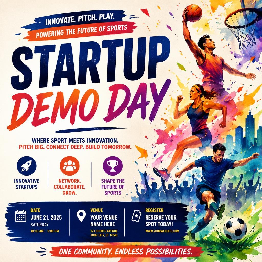 Watercolor event poster for a startup demo day sports event with bold festive colors and clean placeholder text for name, date, and venue.