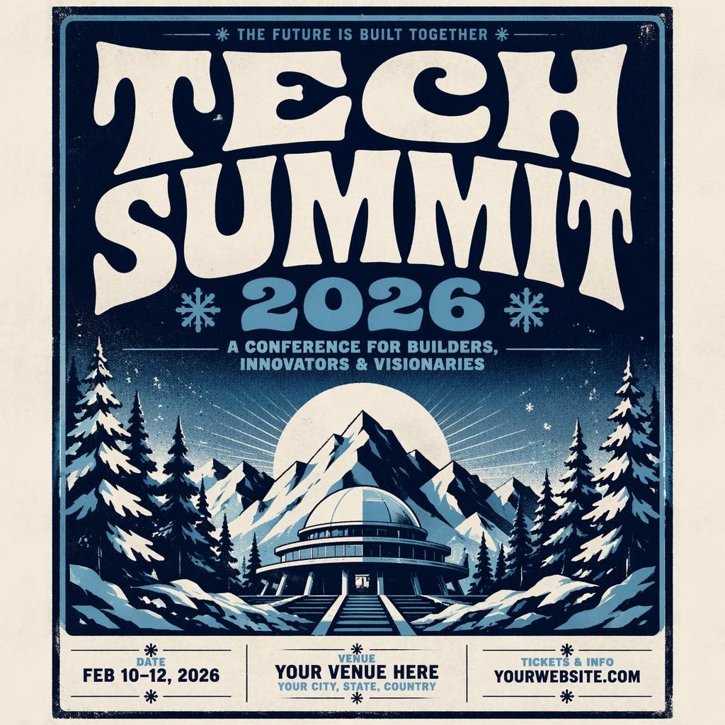 Vintage 1960s-style tech conference 2026 poster in icy winter colors with clean event name, date, and venue placeholder text.