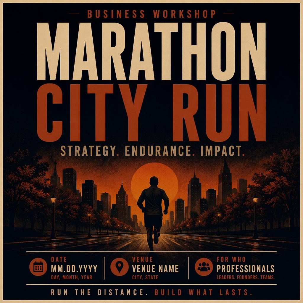 Dark autumn-toned event poster with bold typography for Marathon City Run, featuring clean date and venue placeholders.