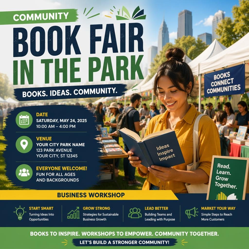 Photographic event poster of a book fair in a city park with business workshop branding, bold overlay text, and energetic colors.