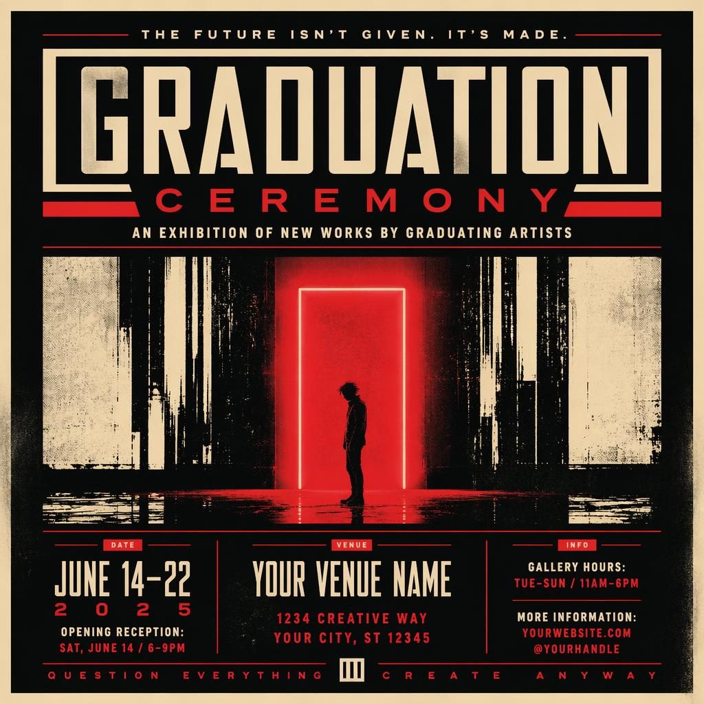 Retro 1980s neon graduation ceremony poster for an art exhibition, cream and red palette, bold typography, date and venue placeholders.