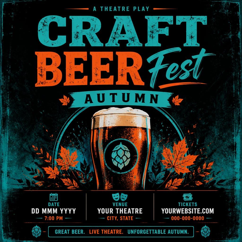 Grunge-style event poster for an autumn craft beer theatre fest with neon colors, formal mood, and sharp English placeholder text.