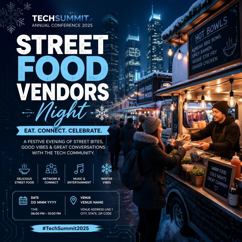 Photographic event poster showing a winter street food vendors night with festive lighting, food stalls, and clean overlay text.