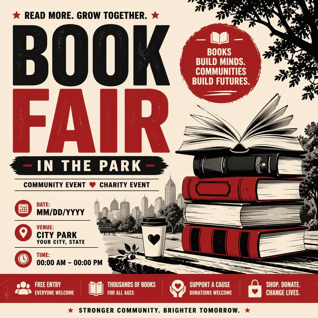 Modern editorial event poster for Book Fair City Park in cream and red, with bold typography and clear date and venue placeholders.