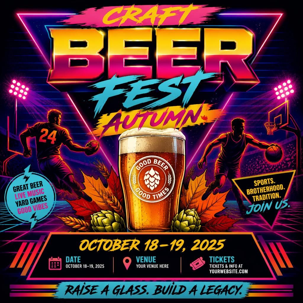 Retro 1980s neon sports event poster for an autumn craft beer fest with bold colors and clean event name, date, and venue text.
