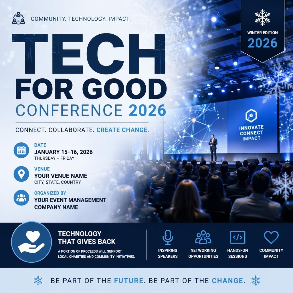 Photographic winter-themed tech conference 2026 poster with icy blue festive overlay and sharp event name, date, and venue placeholders.