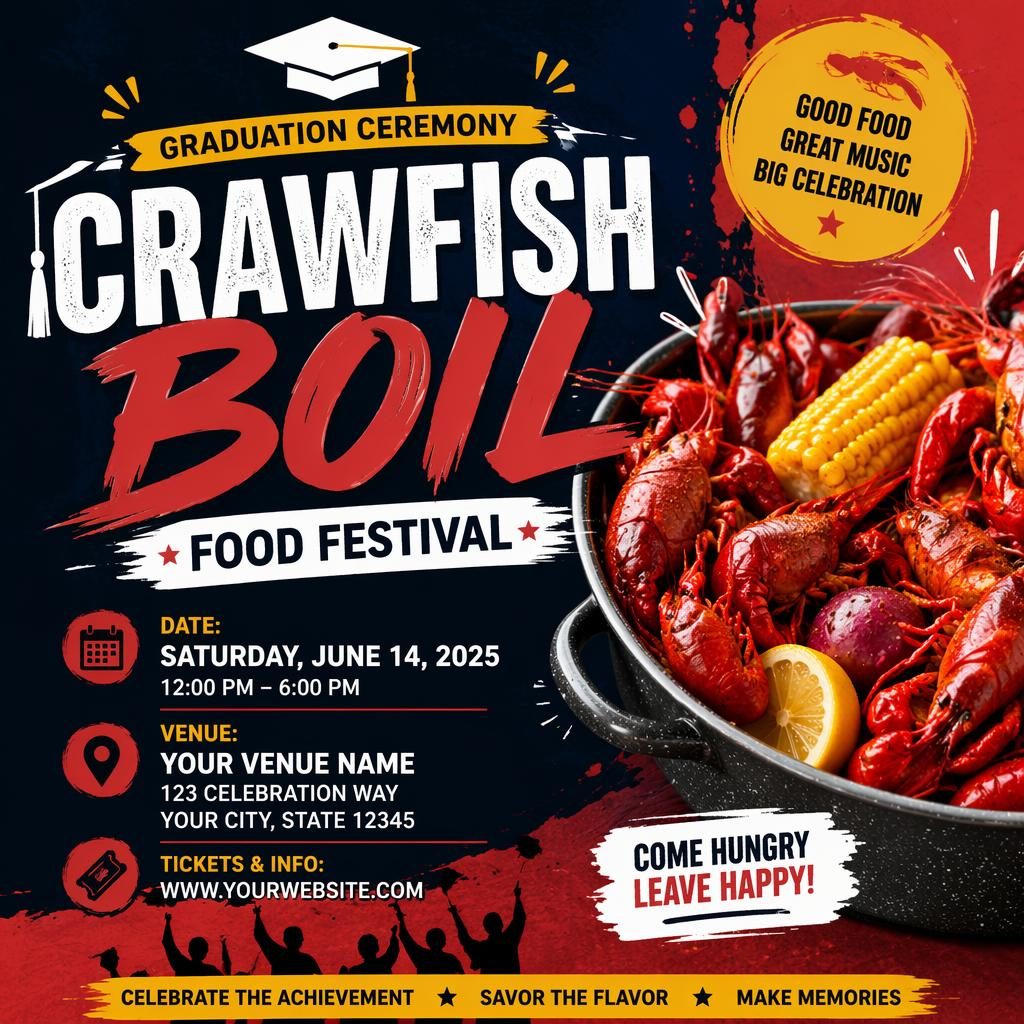 Modern editorial event poster for a graduation ceremony food festival with bold colors and sharp placeholder text