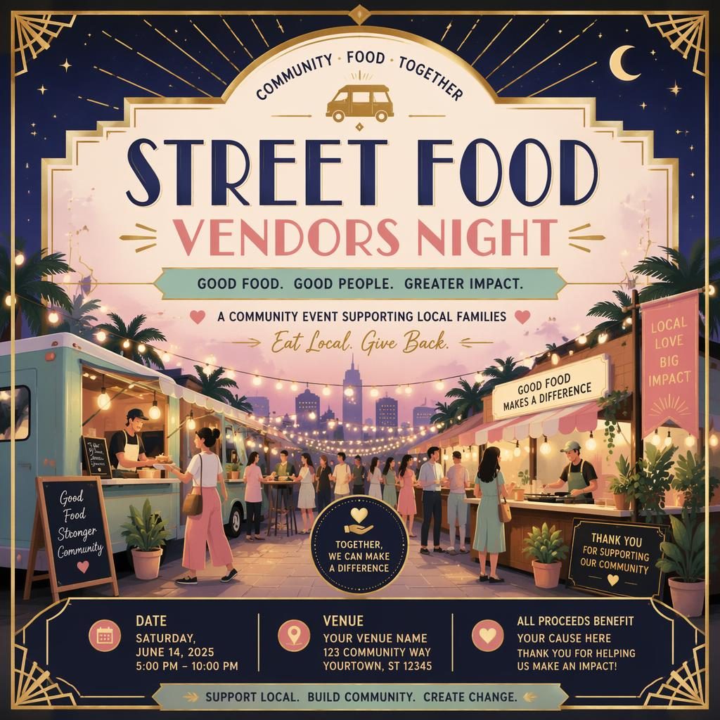 Art deco luxury event poster for a community charity street food vendors night in pastel tones with clean placeholder text.