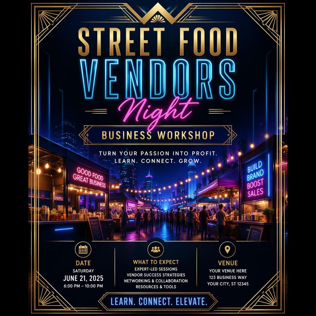 Art deco event poster for Street Food Vendors Night with neon accents, luxury typography, and clean date and venue placeholders.