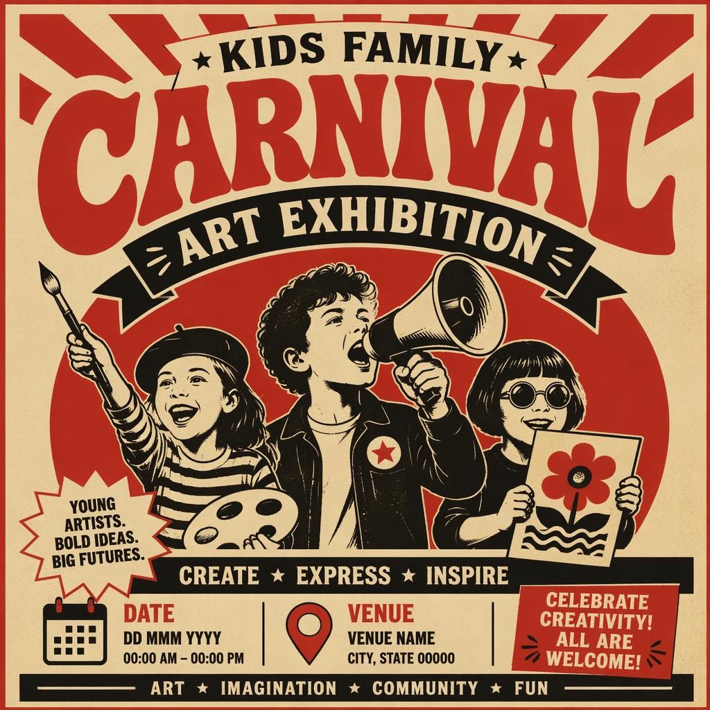 Vintage 1960s style event poster for a kids family carnival art exhibition in cream and red with bold readable placeholder text.