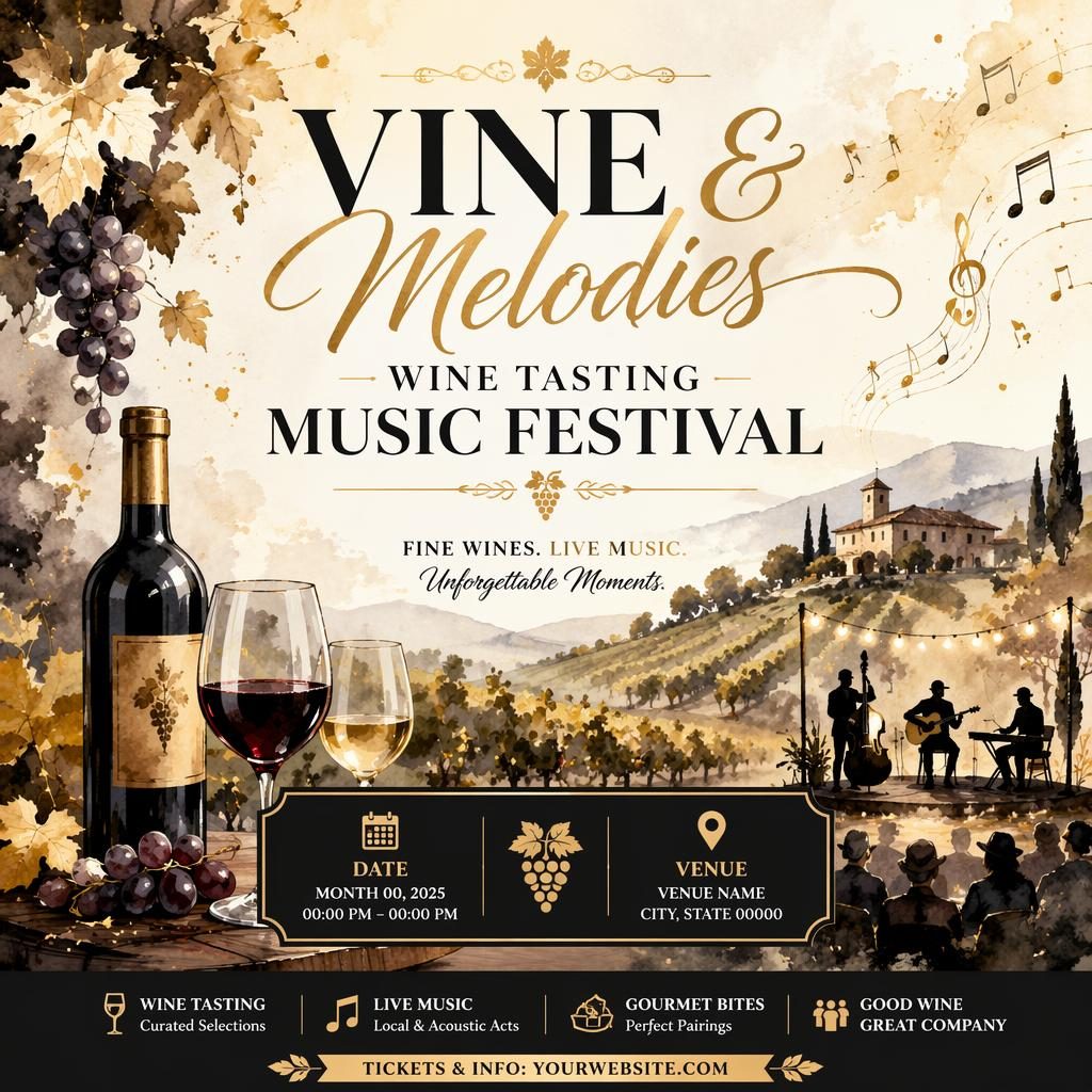 Watercolor event poster of a vineyard wine tasting music festival in black and gold with elegant readable placeholder text.