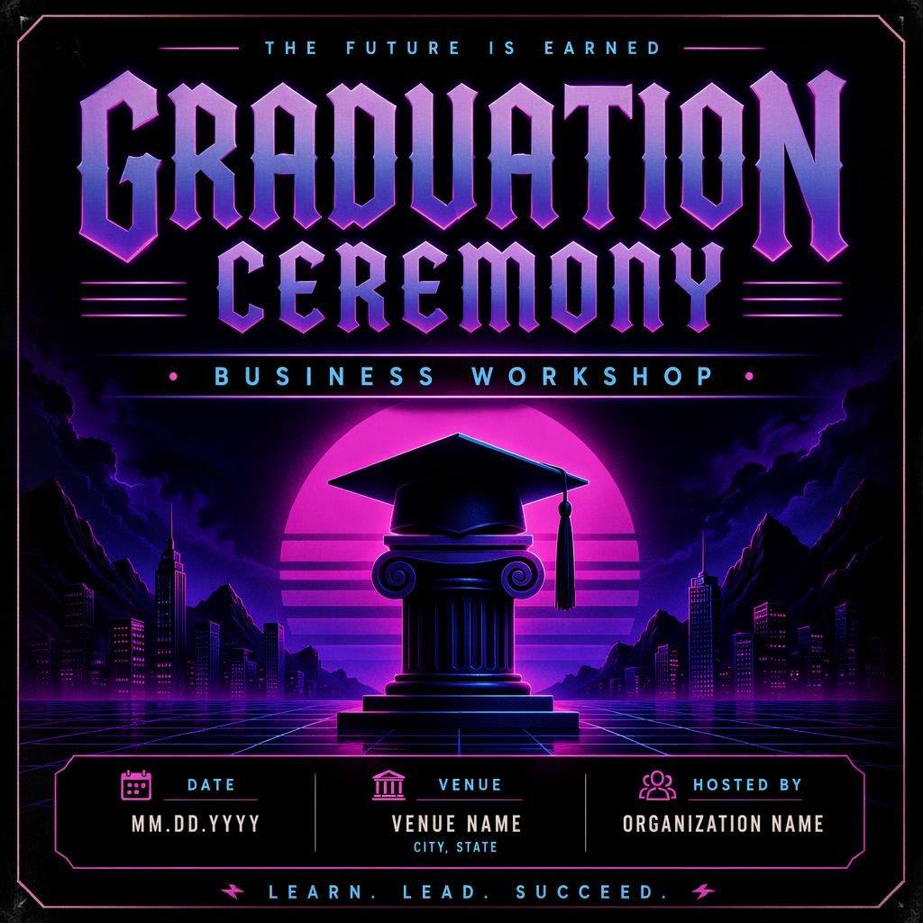 Retro 1980s neon event poster for a graduation ceremony business workshop with sharp date and venue placeholders.