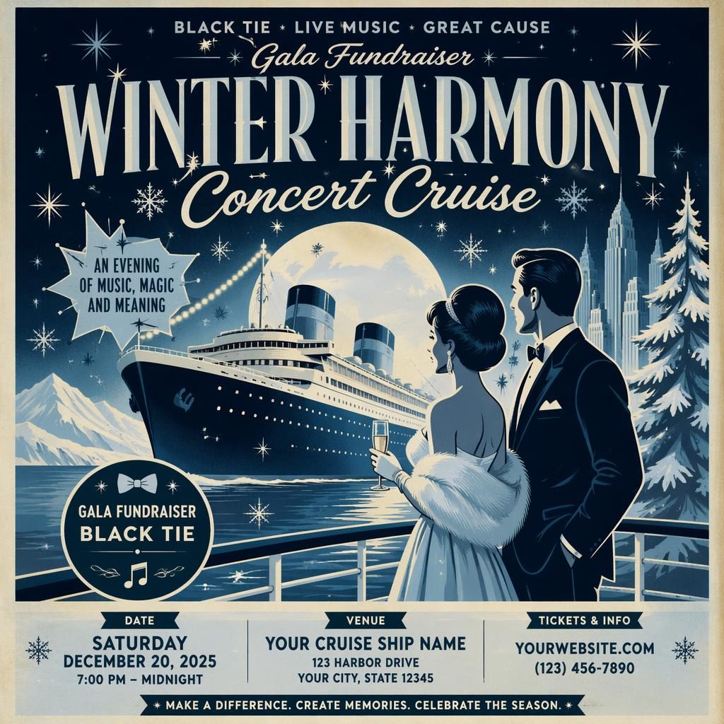 Vintage 1960s-style gala fundraiser concert poster with black-tie theme, icy winter palette, festive mood, and sharp placeholder text.